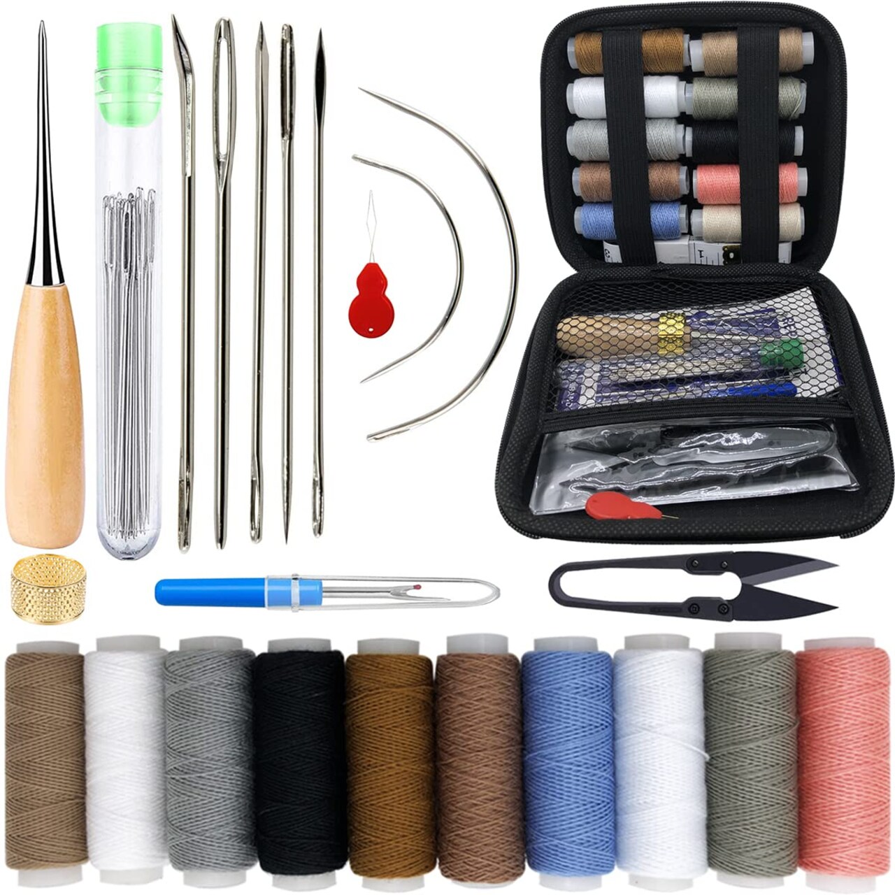 Upholstery Repair Sewing Kit: 47 Pieces Heavy Duty Sewing Kit with Sewing Awl, Seam Ripper, Leather Hand Sewing Stitching Needles, Sewing Thread for Car, Sofa, Backpack, Shoe, Craft DIY
